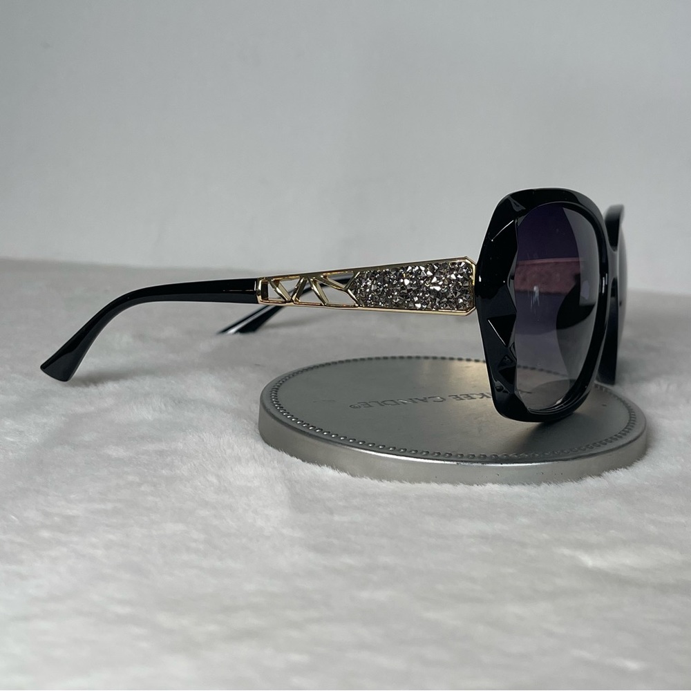 Black & Gold Oversized Square Sunglasses Polarized Tinted w Crystal Frames NWT - Picture 13 of 15
